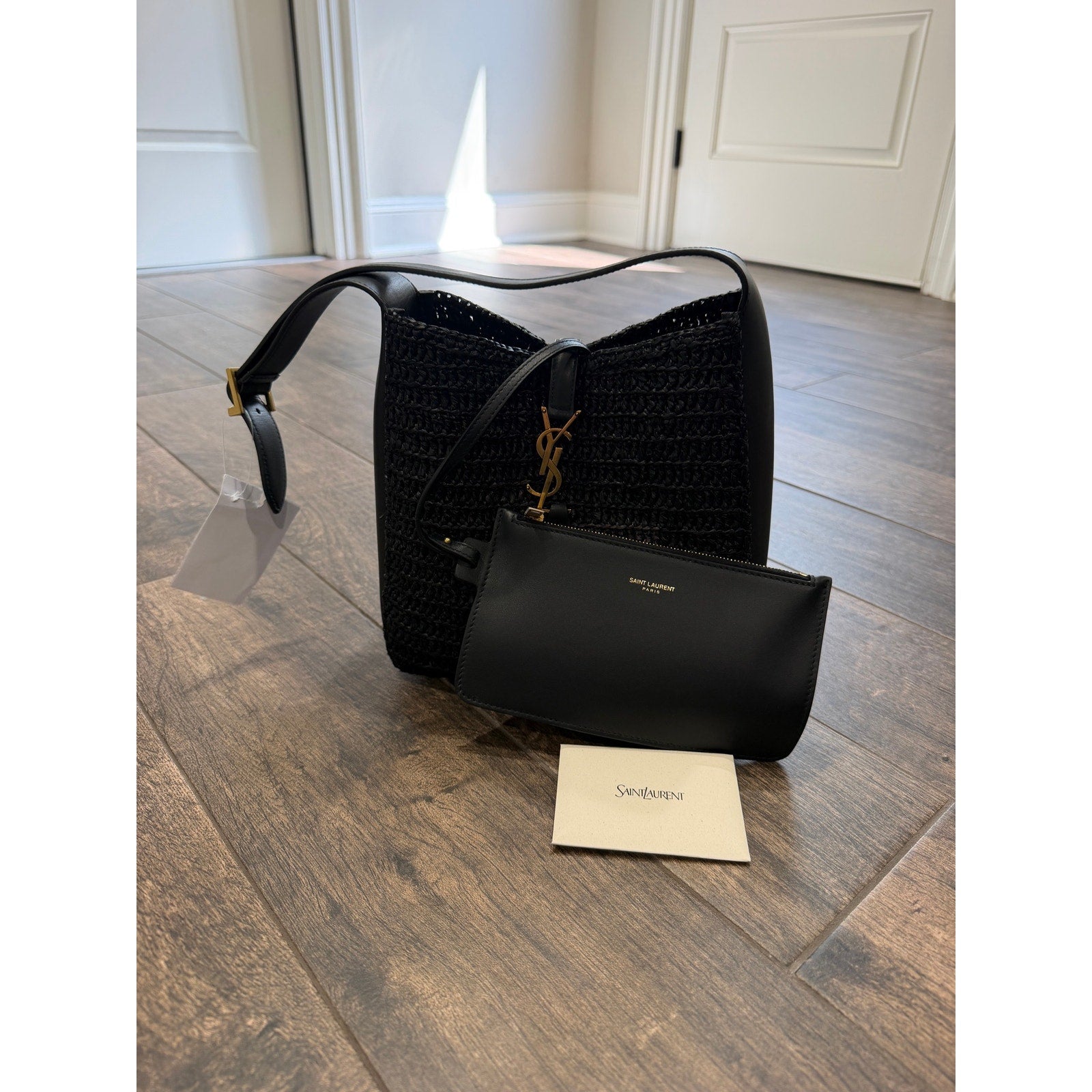 Saint Laurent Small Le 5 A 7 Hobo Crochet Leather Bag Black NWT