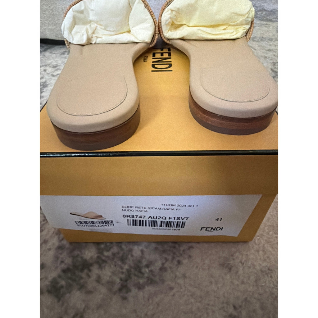 Fendi Sunshine FF Raffia Leather Slide Sandals BNIB Size 41