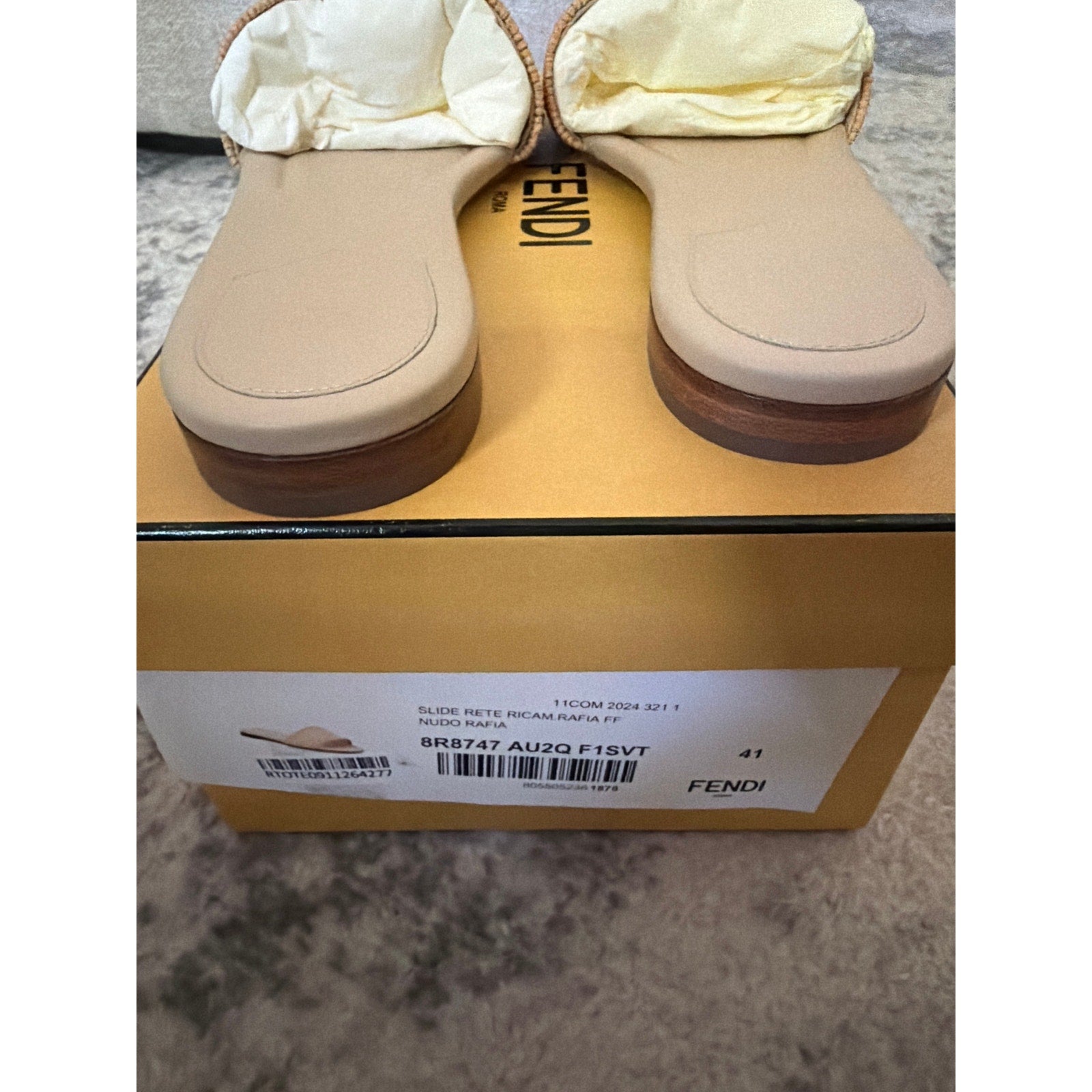 Fendi Sunshine FF Raffia Leather Slide Sandals BNIB Size 41
