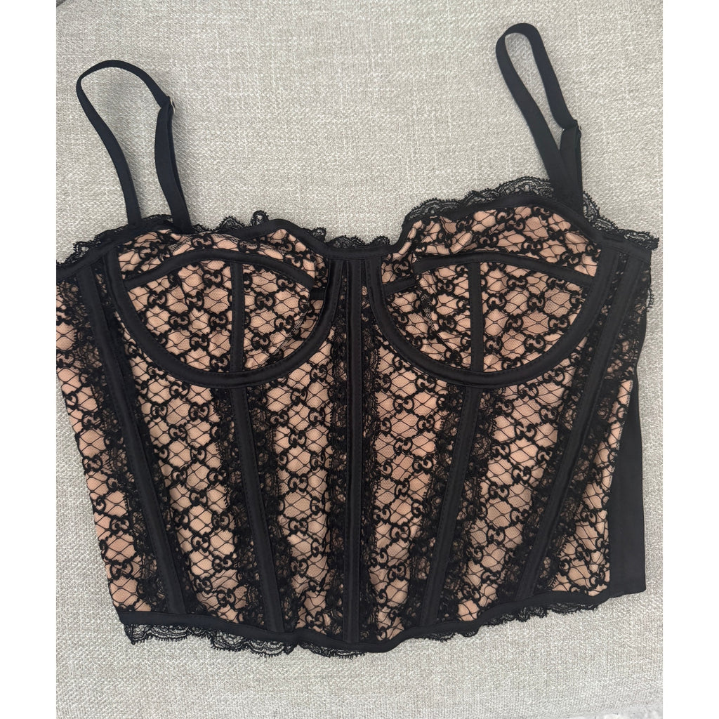 GUCCI Lace-Trimmed Embroidered Cotton-Blend Tulle And Satin Bustier Top Black M