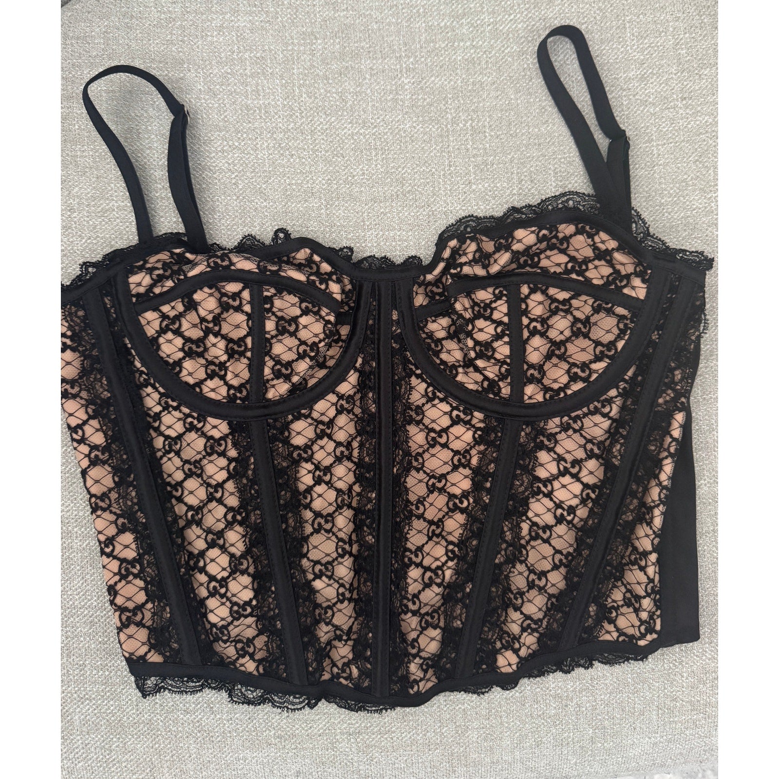 GUCCI Lace-Trimmed Embroidered Cotton-Blend Tulle And Satin Bustier Top Black M
