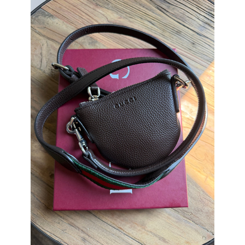 Gucci Nano B Bag Dark Brown Grainy Leather Crossbody with Web Strap NWT