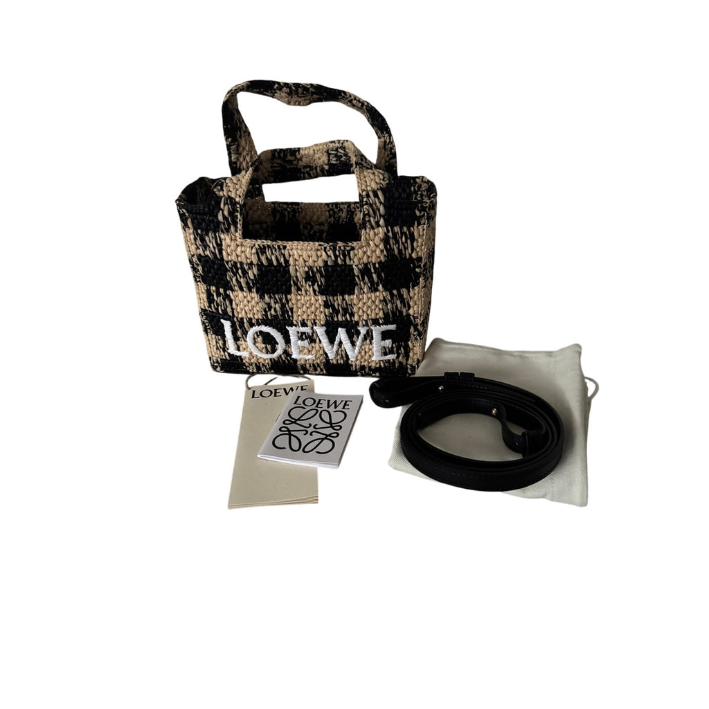 Loewe Paula’s Ibiza Mini Raffia Tote Bag with Leather Trim Embroidered Gingham Beige NWT