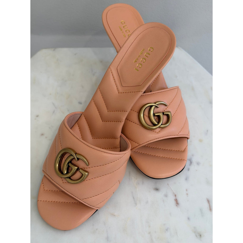 Gucci GG Marmont Matelassé Pink Leather Mule Sandals Size 38.5 New in Box