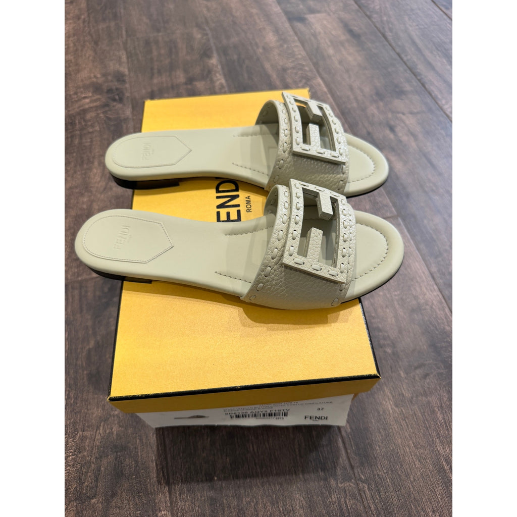 Fendi Women's FF Baguette Leather Selleria Slides BNIB Color is Sage Size 37
