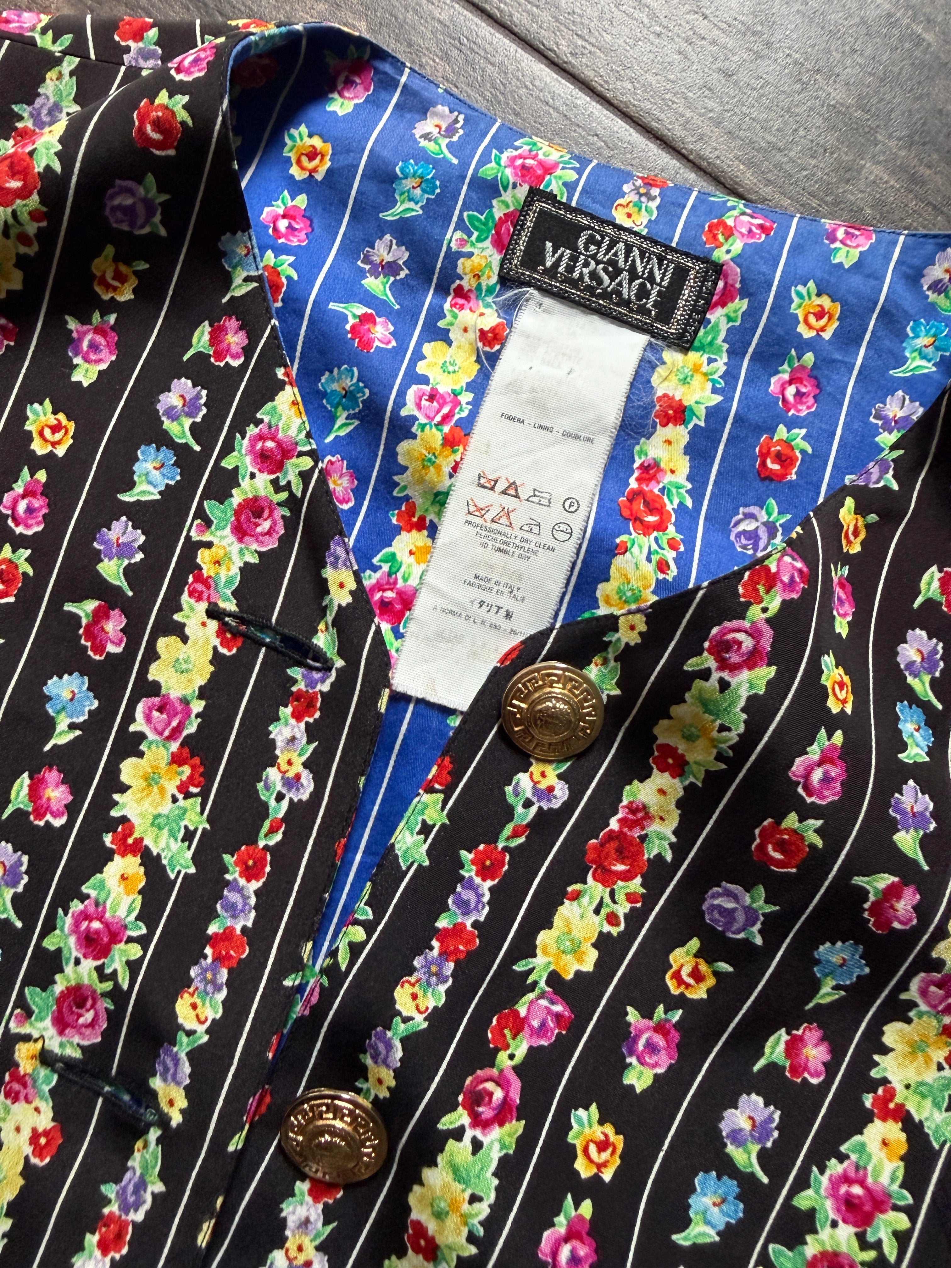 Gianni Versace Vintage 1994 Floral Pinstripe Silk Crop Vest Top | Size S