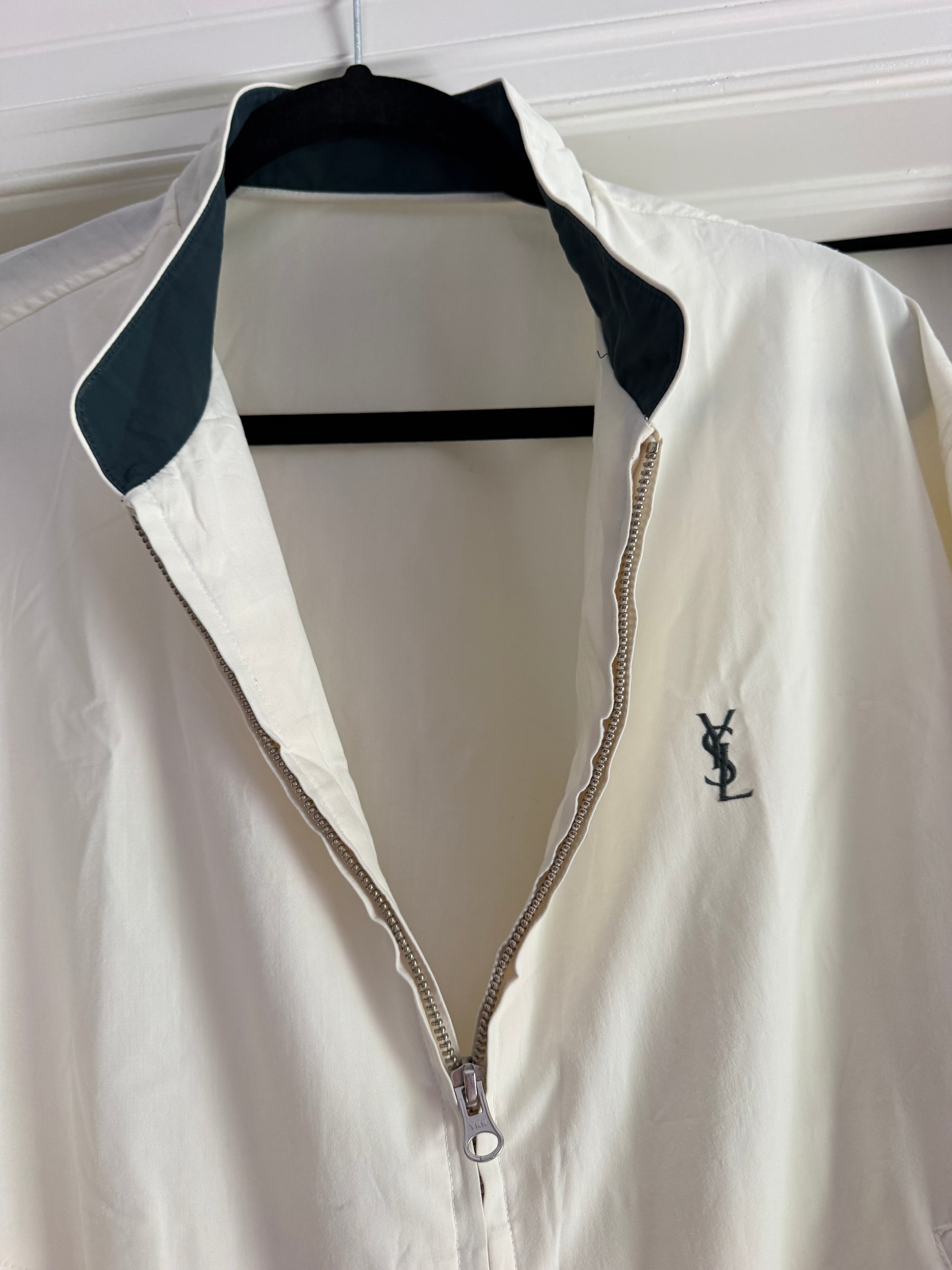 Yves Saint Laurent Vintage Off White Lightweight Jacket Green Logo Green Collar Size 100