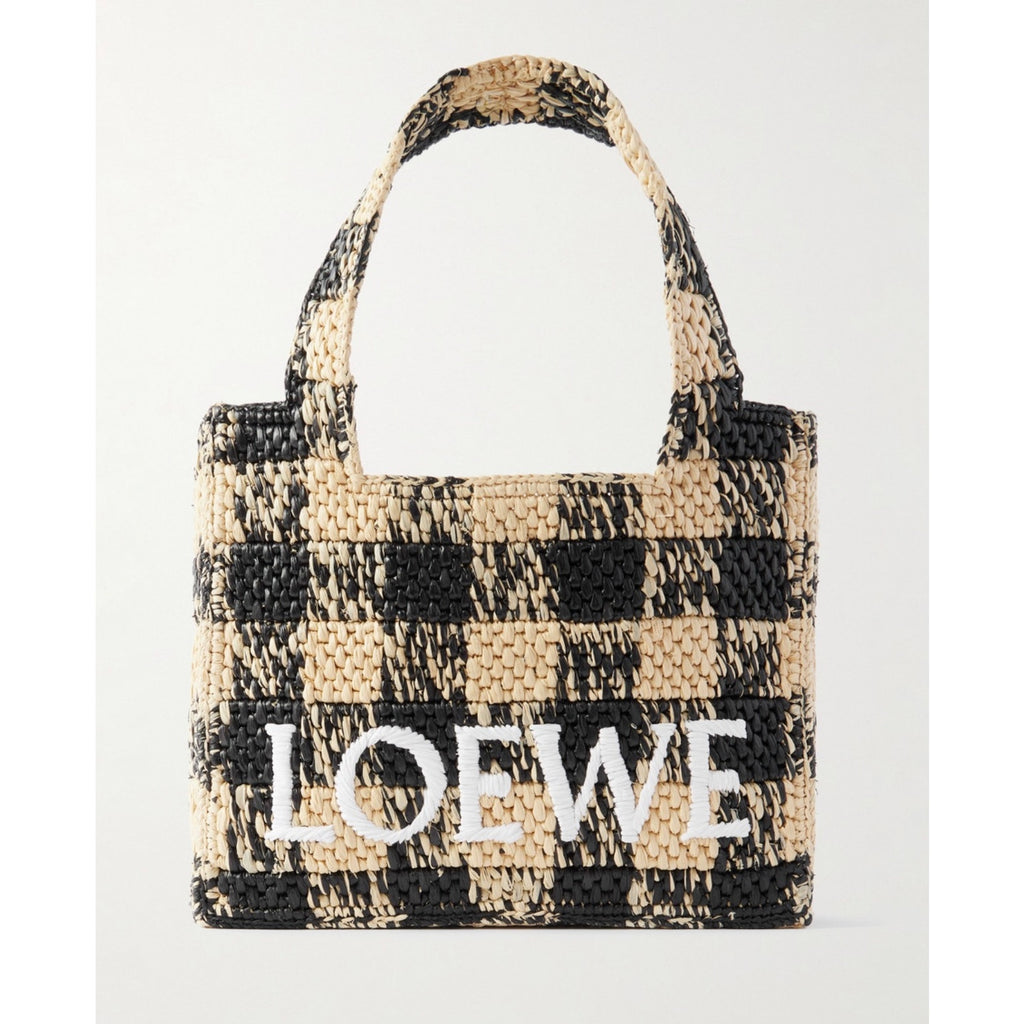 Loewe Paula’s Ibiza Mini Raffia Tote Bag with Leather Trim Embroidered Gingham Beige NWT