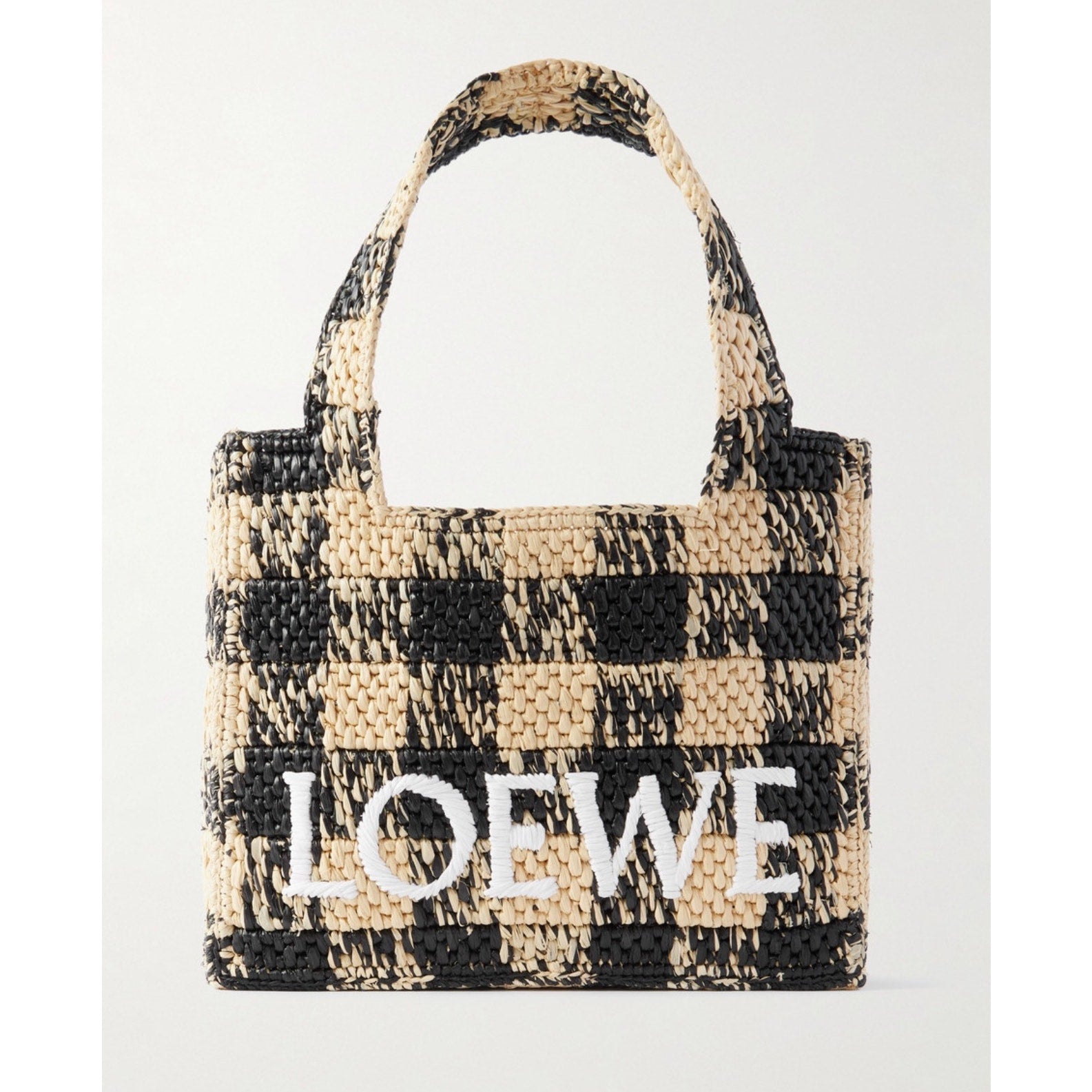 Loewe Paula’s Ibiza Mini Raffia Tote Bag with Leather Trim Embroidered Gingham Beige NWT