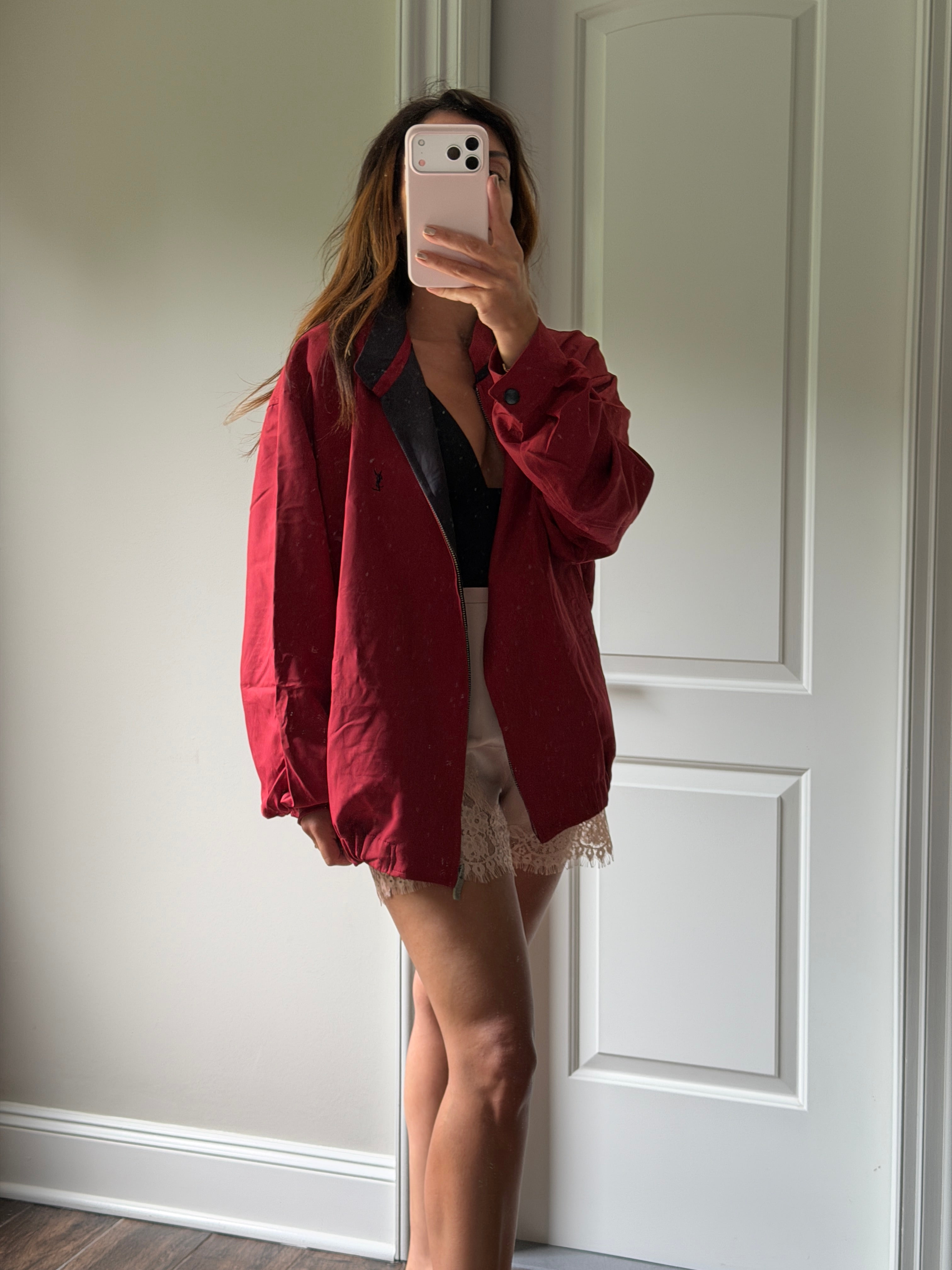 Yves Saint Laurent Vintage 90s Red YSL Logo Windbreaker Jacket Navy Logo Size 110 Oversized