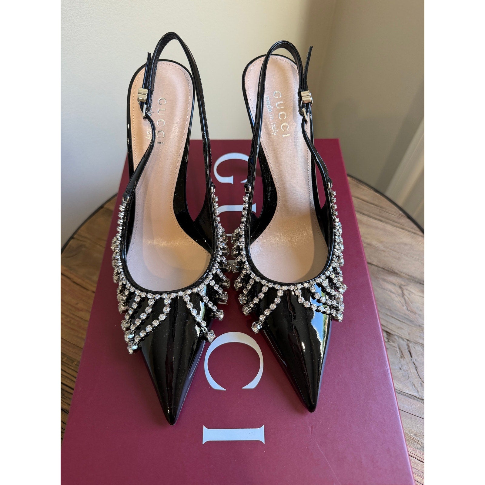 Gucci Guinevere Crystal Leather Slingback Stiletto Pumps NWT 37.5