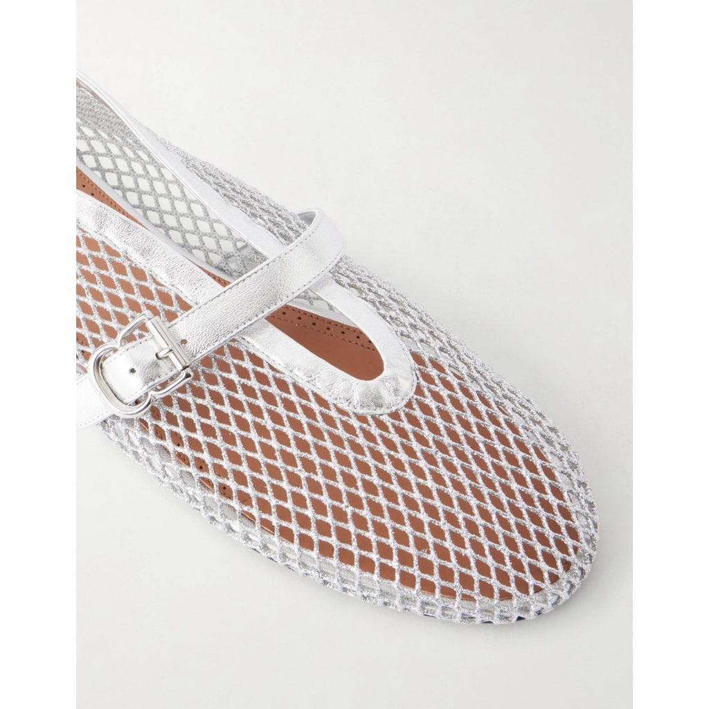 Alaia Metallic Fishnet Mary Jane Flats Silver Argent Size 37 Brand New in Box
