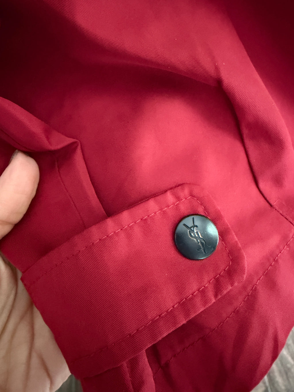 Yves Saint Laurent Vintage 90s Red YSL Logo Windbreaker Jacket Navy Logo Hidden Hood Size 100 Oversized