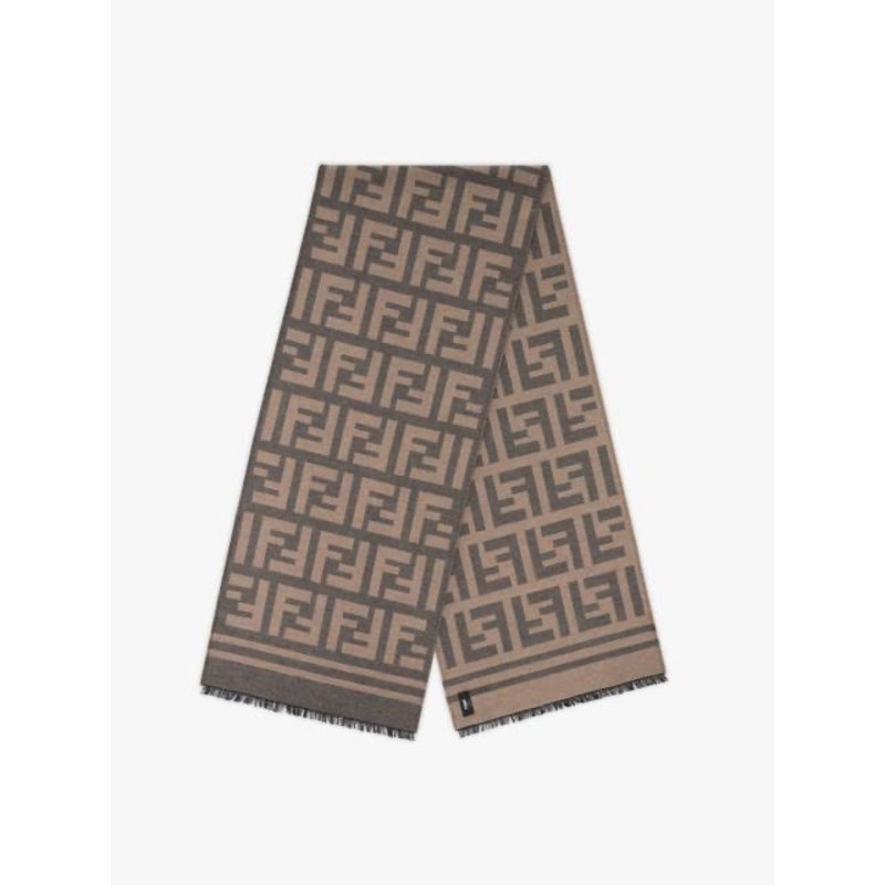 FENDI Gray & Sand Wool Silk FF Motif Scarf NWT Fringe Wrap 180x35cm (71x14in)