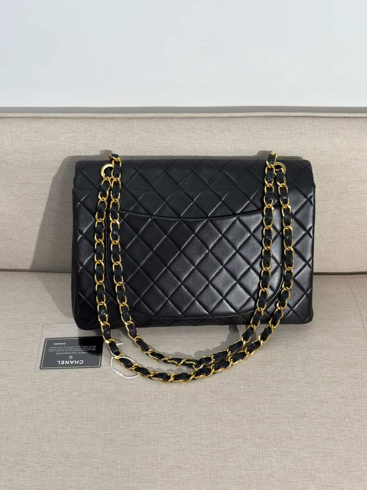 Chanel Maxi Flap Bag Black Quilted Leather 24K Gold Plated CC Vintage 1991-1994