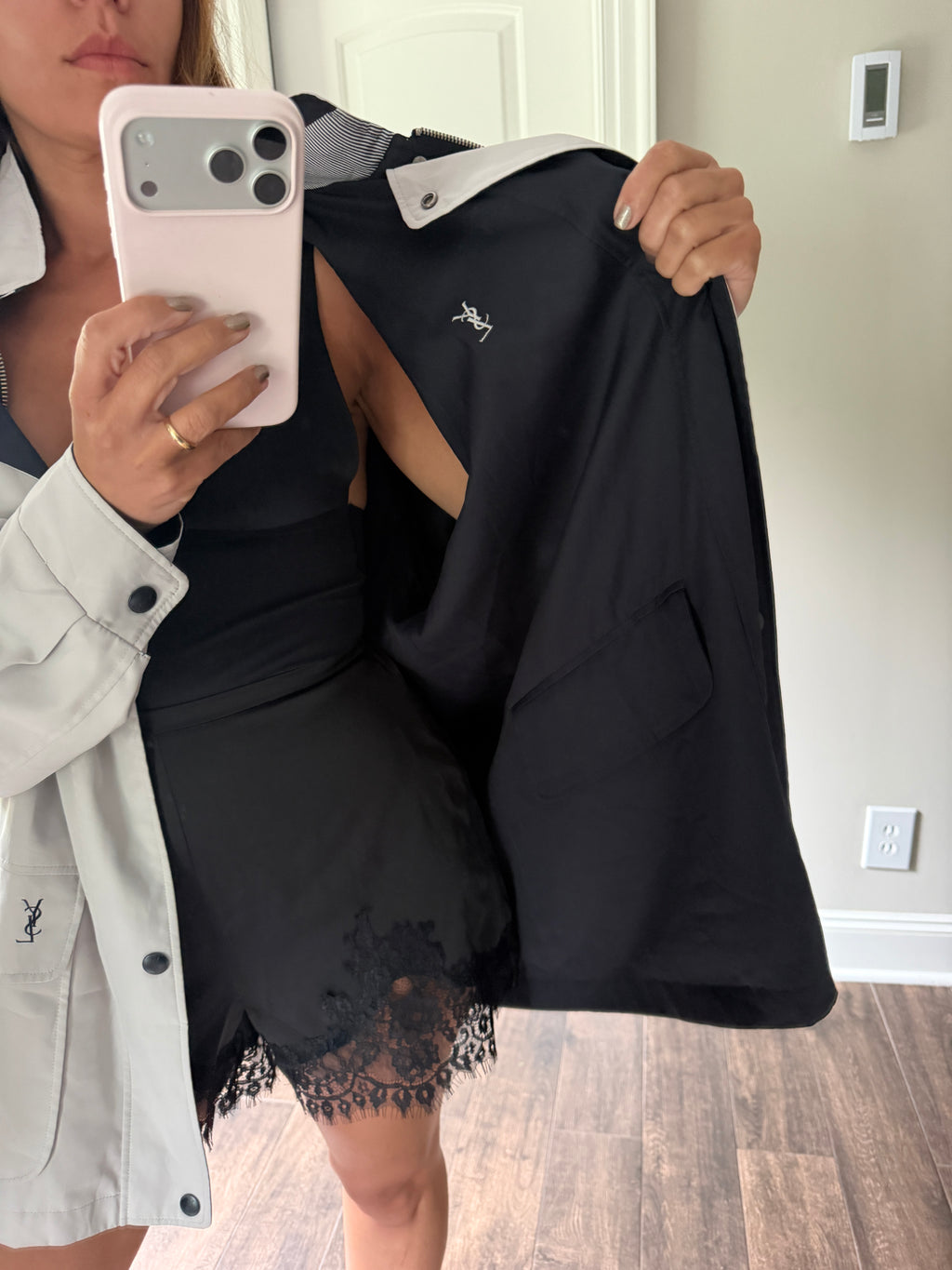 Yves Saint Laurent Vintage 90s Reversible YSL Logo Windbreaker Jacket Navy & Light Gray Hidden Hood Size 100 Oversized
