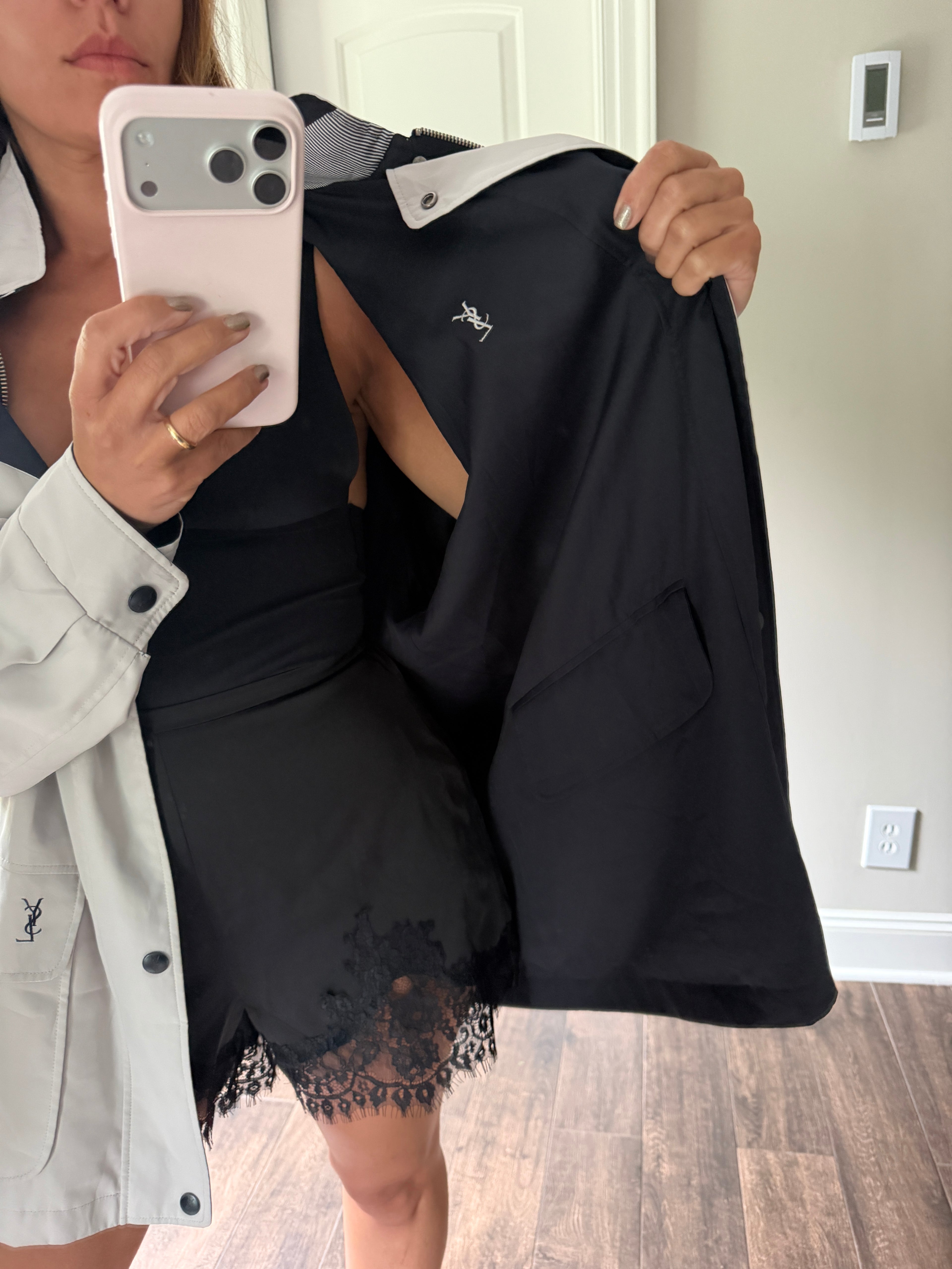 Yves Saint Laurent Vintage 90s Reversible YSL Logo Windbreaker Jacket Navy & Light Gray Hidden Hood Size 100 Oversized
