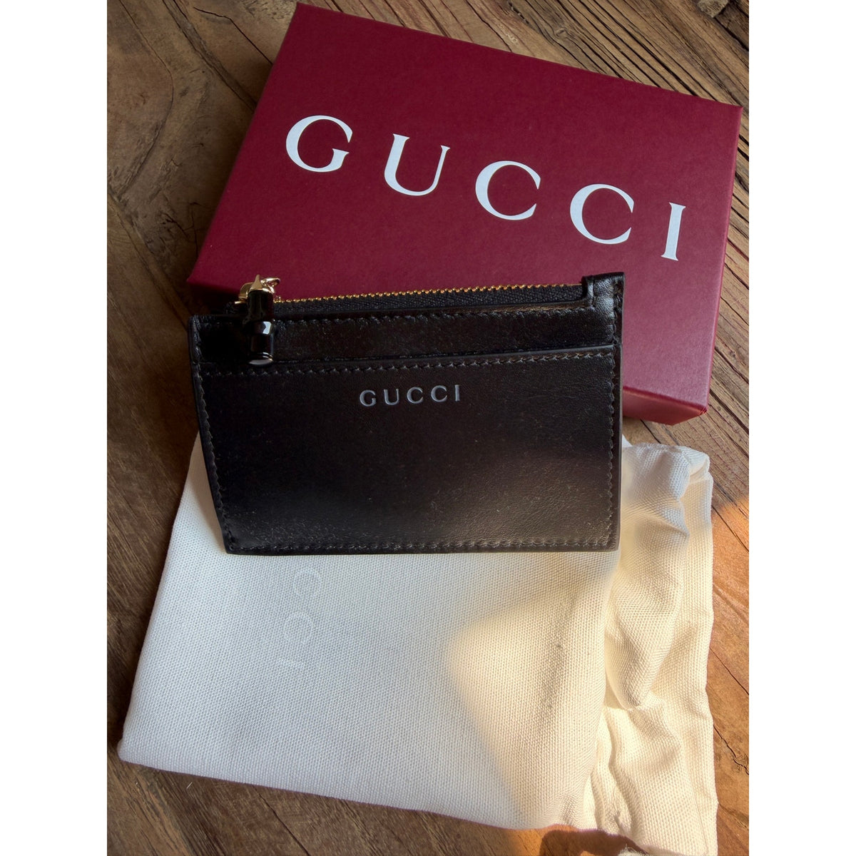 Gucci Bamboo Card Case Black Leather Zip Card Holder Wallet BNIB