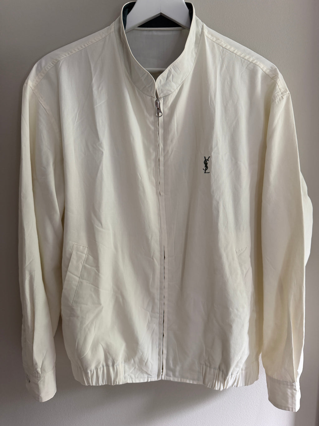 Yves Saint Laurent Vintage Off White Lightweight Jacket Green Logo Green Collar Size 100