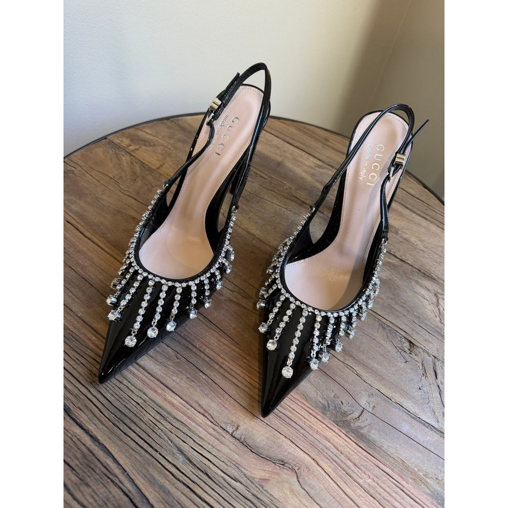 Gucci Guinevere Crystal Leather Slingback Stiletto Pumps NWT 37.5