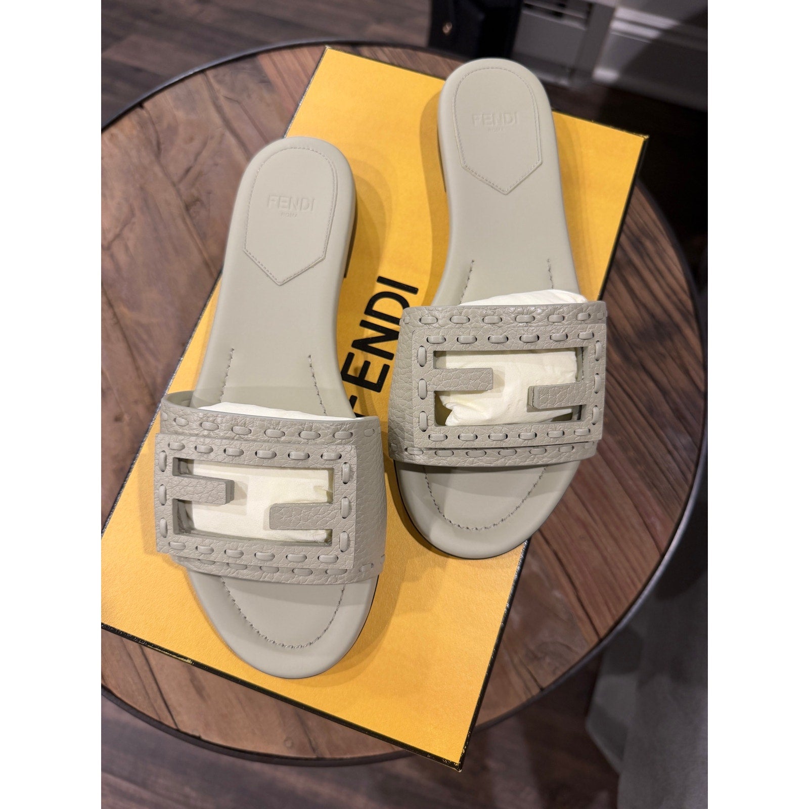 Fendi Women's FF Baguette Leather Selleria Slides BNIB Color is Sage 35.5