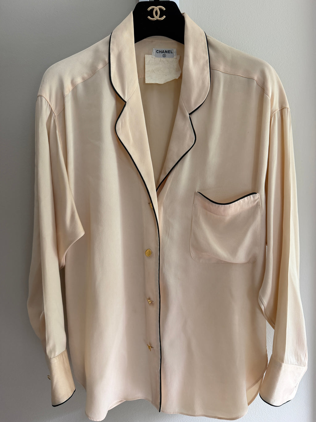 Chanel Silk Blouse Gold Logo Button Top