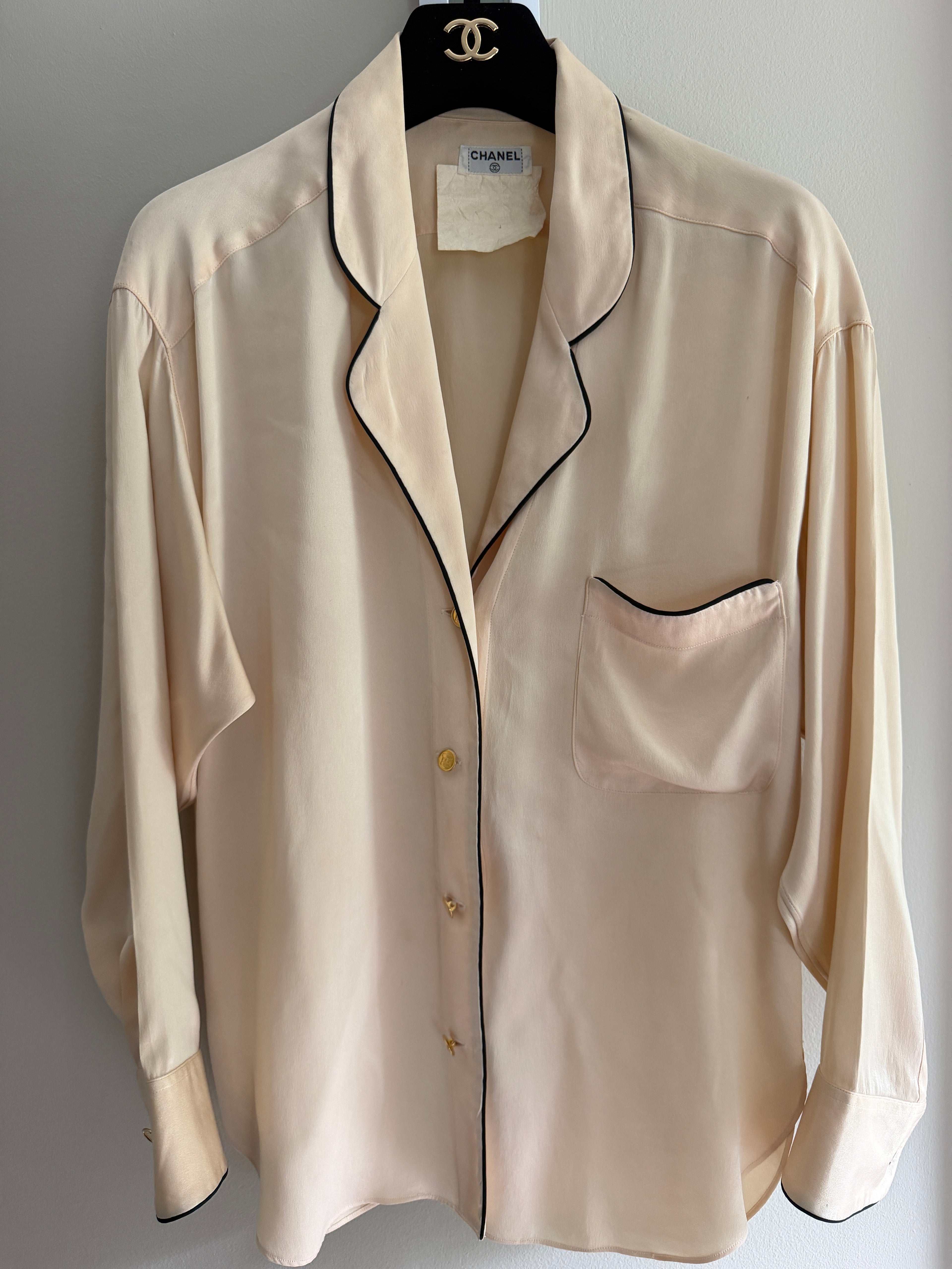 Chanel Silk Blouse Gold Logo Button Top