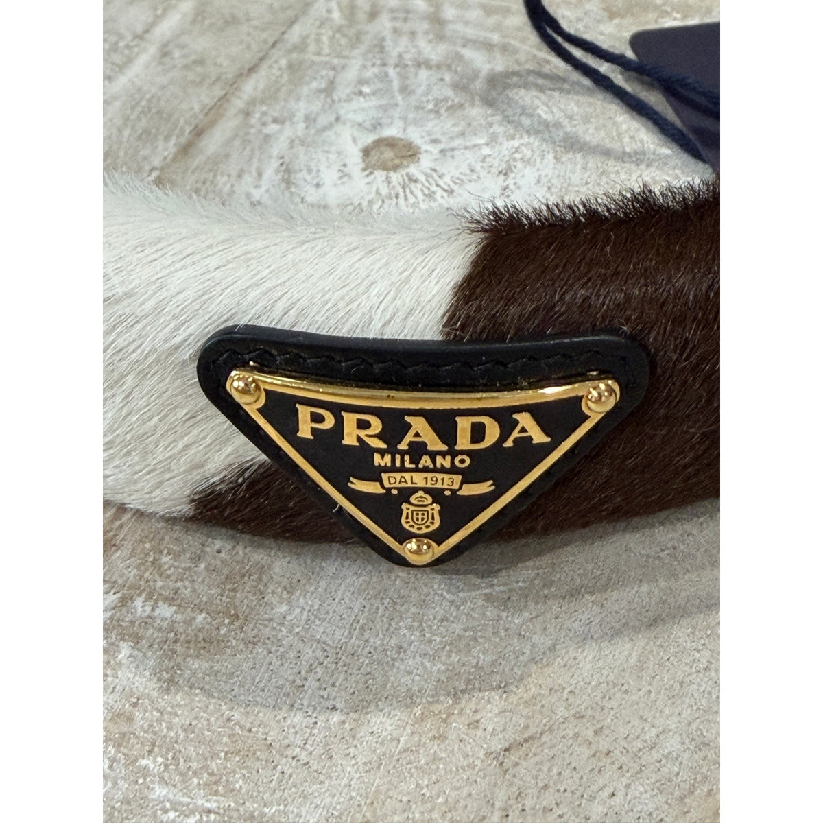 Prada Cow Print Pony Hair Headband Enamel Triangle Logo NEW
