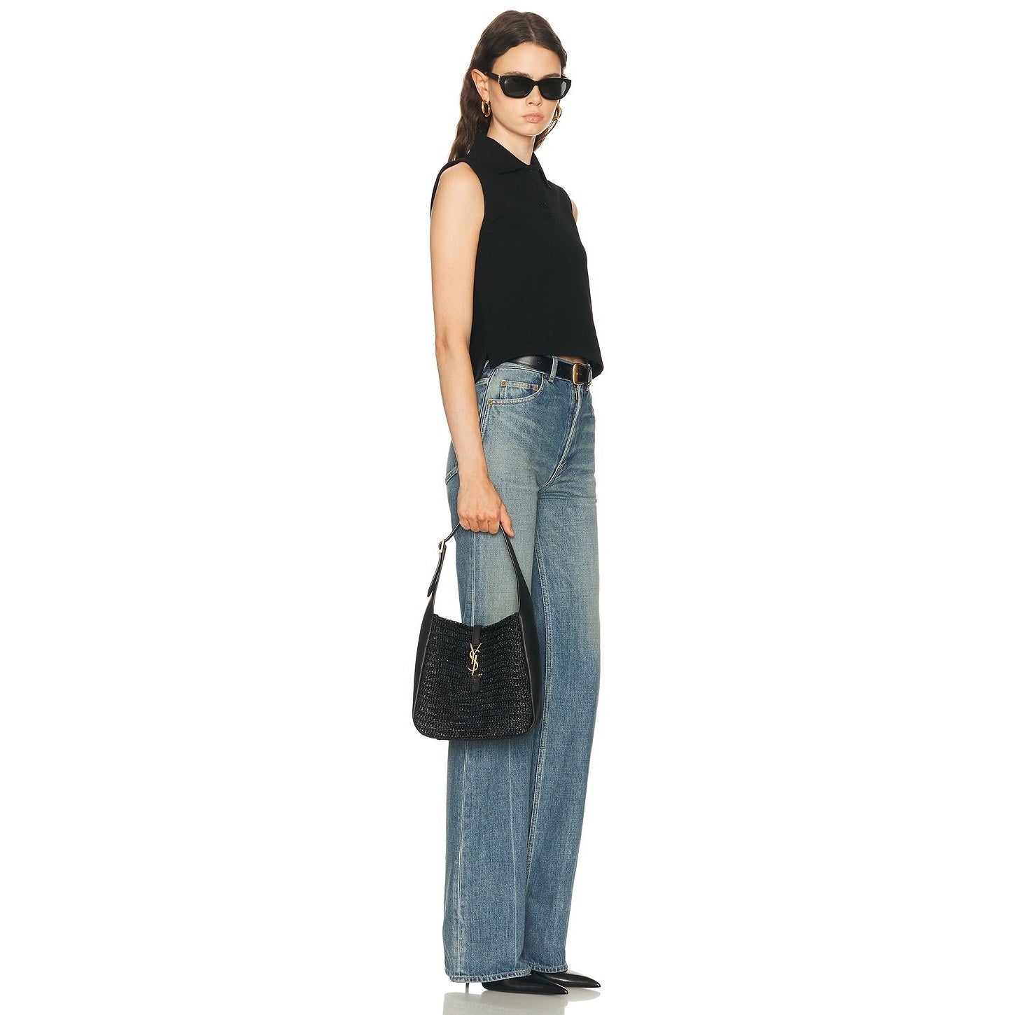 Saint Laurent Small Le 5 A 7 Hobo Crochet Leather Bag Black NWT