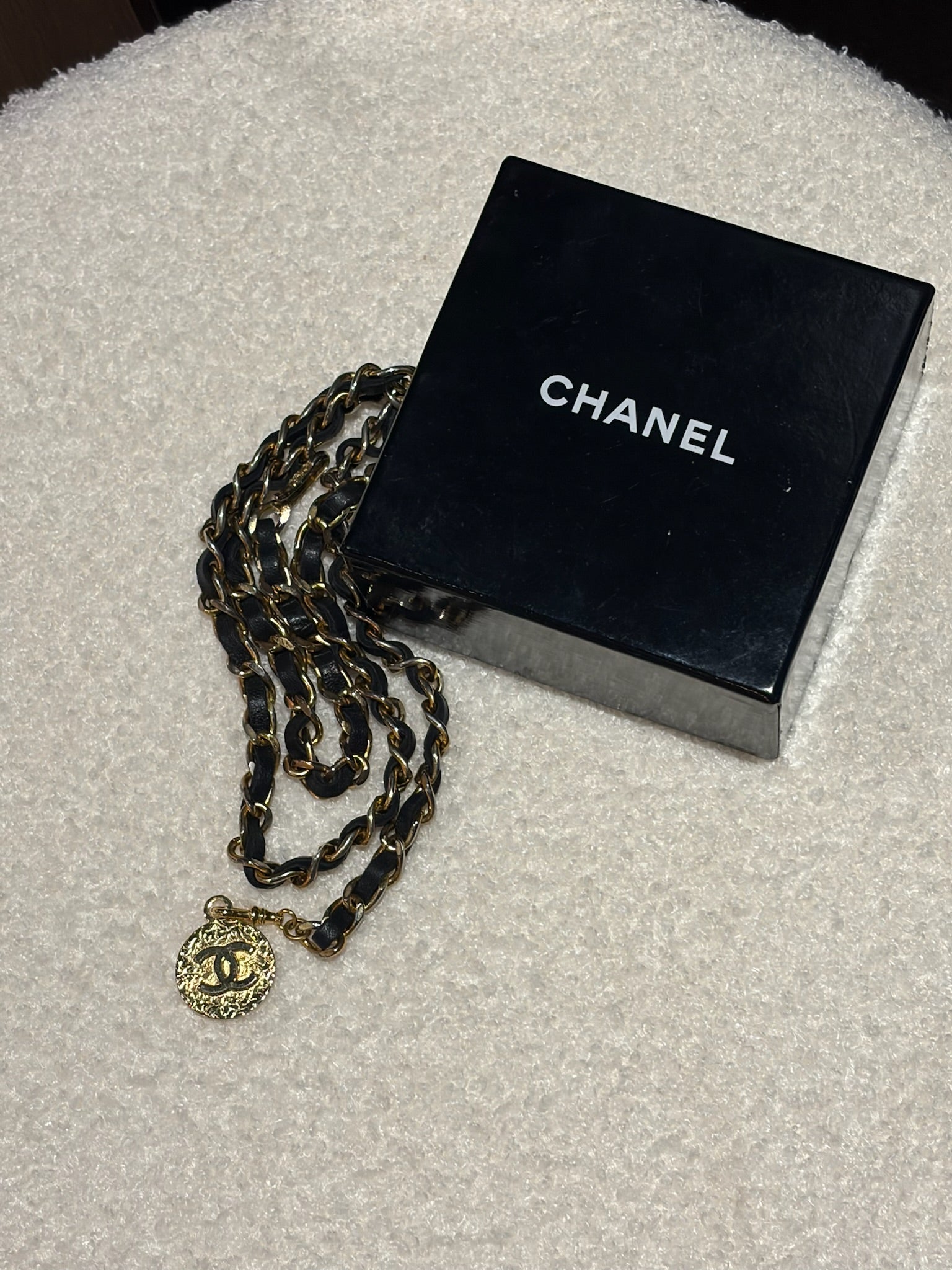 Chanel Leather Woven Chain Strap Necklace Belt Gold Tone Black Leather Medallion Charm