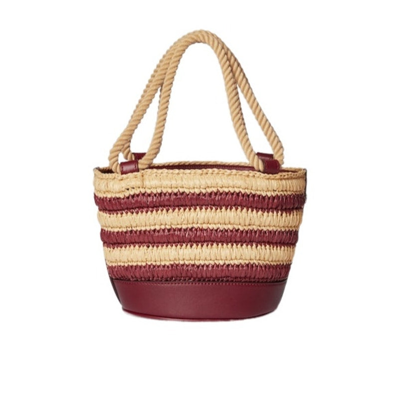 Gucci Mini GG Logo Woven Straw Bucket Bag Beige Brown Leather NWT