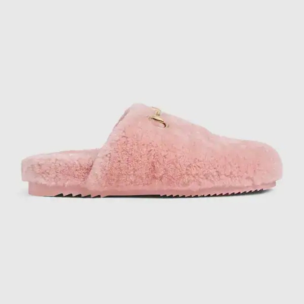 Gucci Horsebit Merino Wool Pink Mules Flat Slides Women’s Shoes Size 38