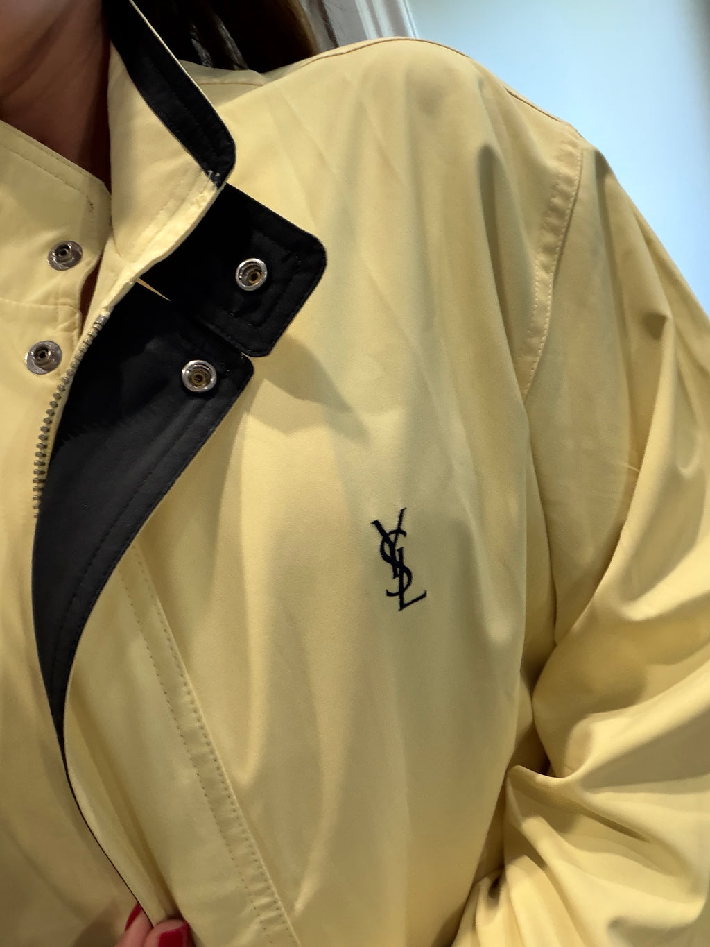 Yves Saint Laurent Vintage Butter Yellow Navy YSL Logo Bomber Windbreaker Jacket size 95
