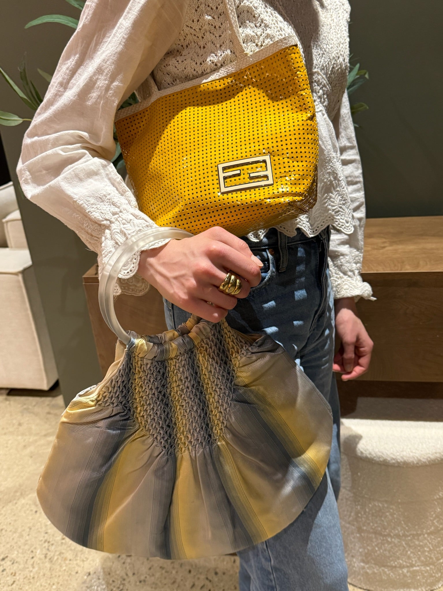 Fendi Yellow Perforated Metallic Leather Mini Tote Bag White Trim FF Logo