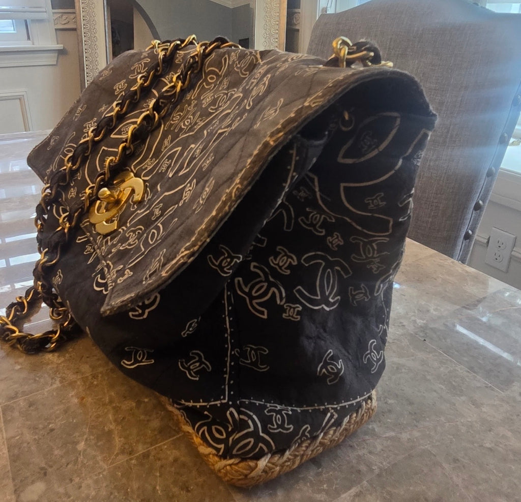 CHANEL 1990s Vintage Bandana Jumbo Flap Bag Black CC Logo 24K Gold Chain Rare