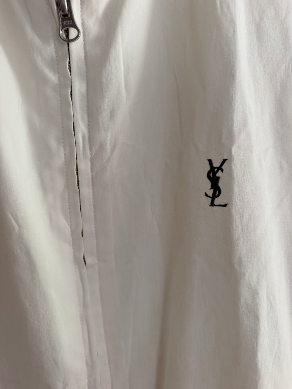 Yves Saint Laurent Vintage Off White Lightweight Jacket Green Logo Green Collar Size 100