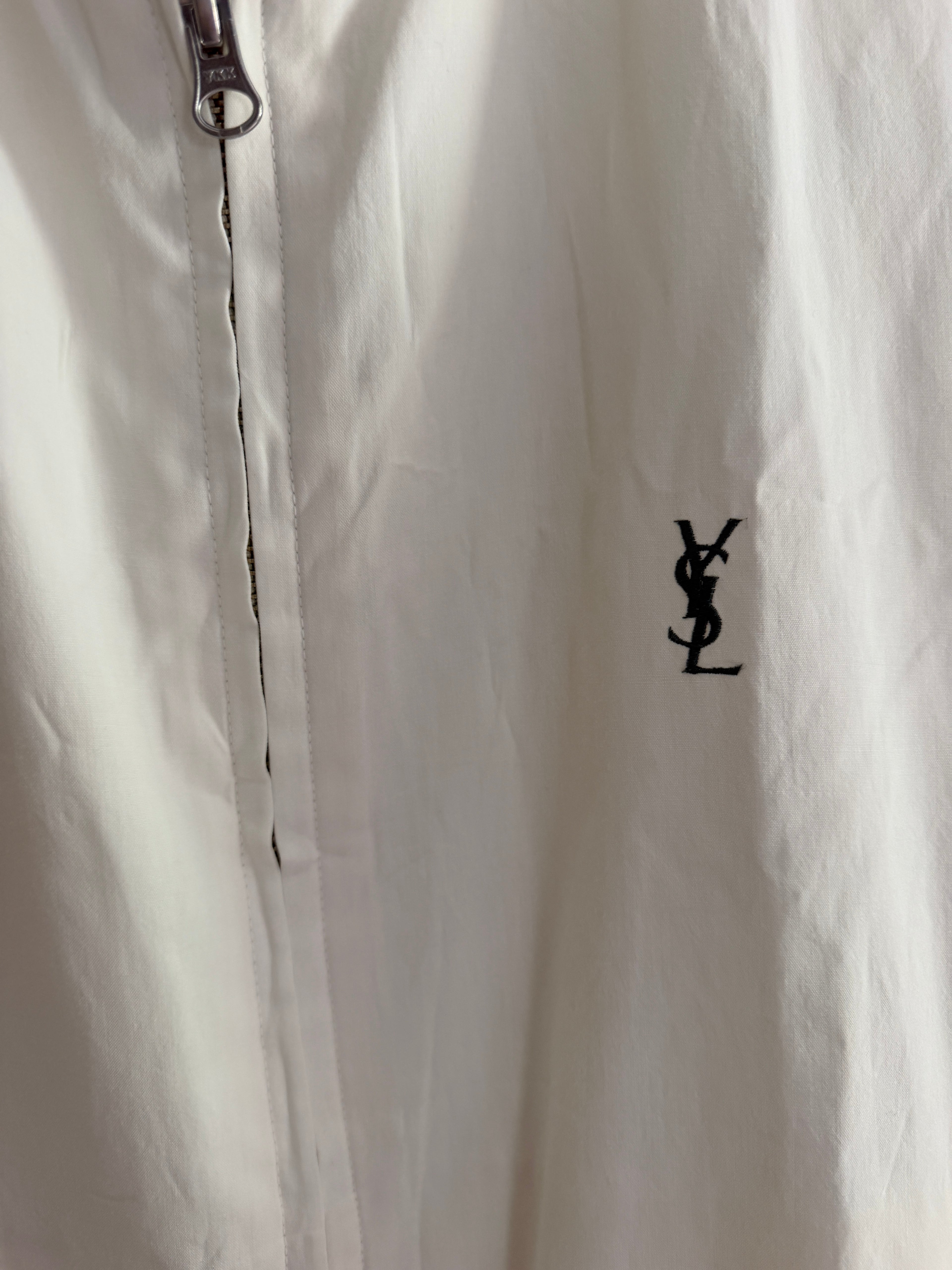 Yves Saint Laurent Vintage Off White Lightweight Jacket Green Logo Green Collar Size 100