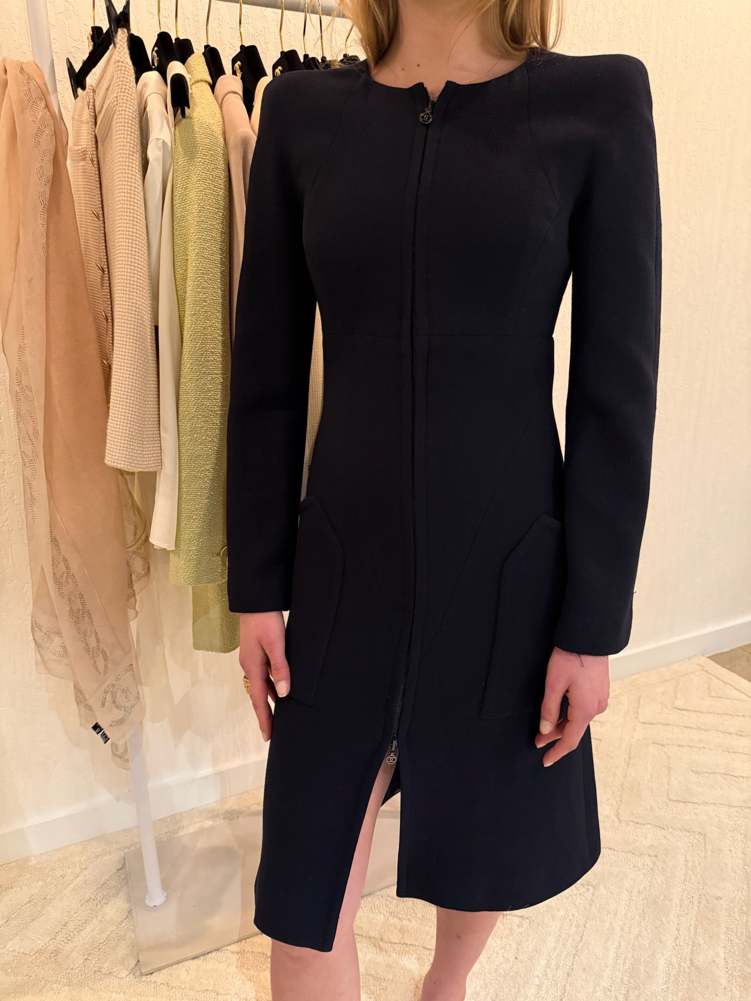 Chanel 1997 Navy Double Zip Coat Dress FR 38 | CC Logo Zippers | Fall 1997 Collection