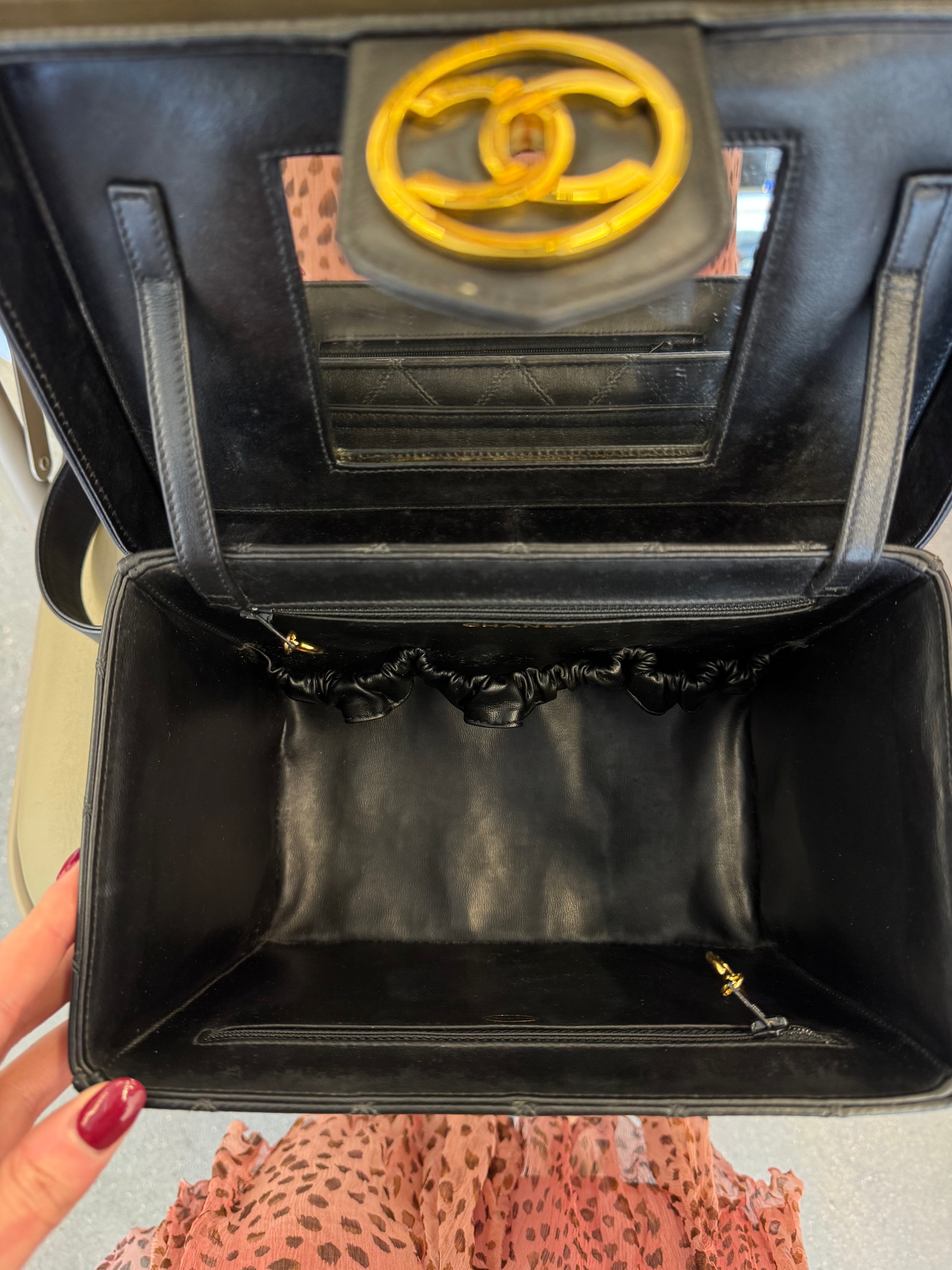 Chanel 90’s Black Lambskin Square Camera Vanity Bag with Strap