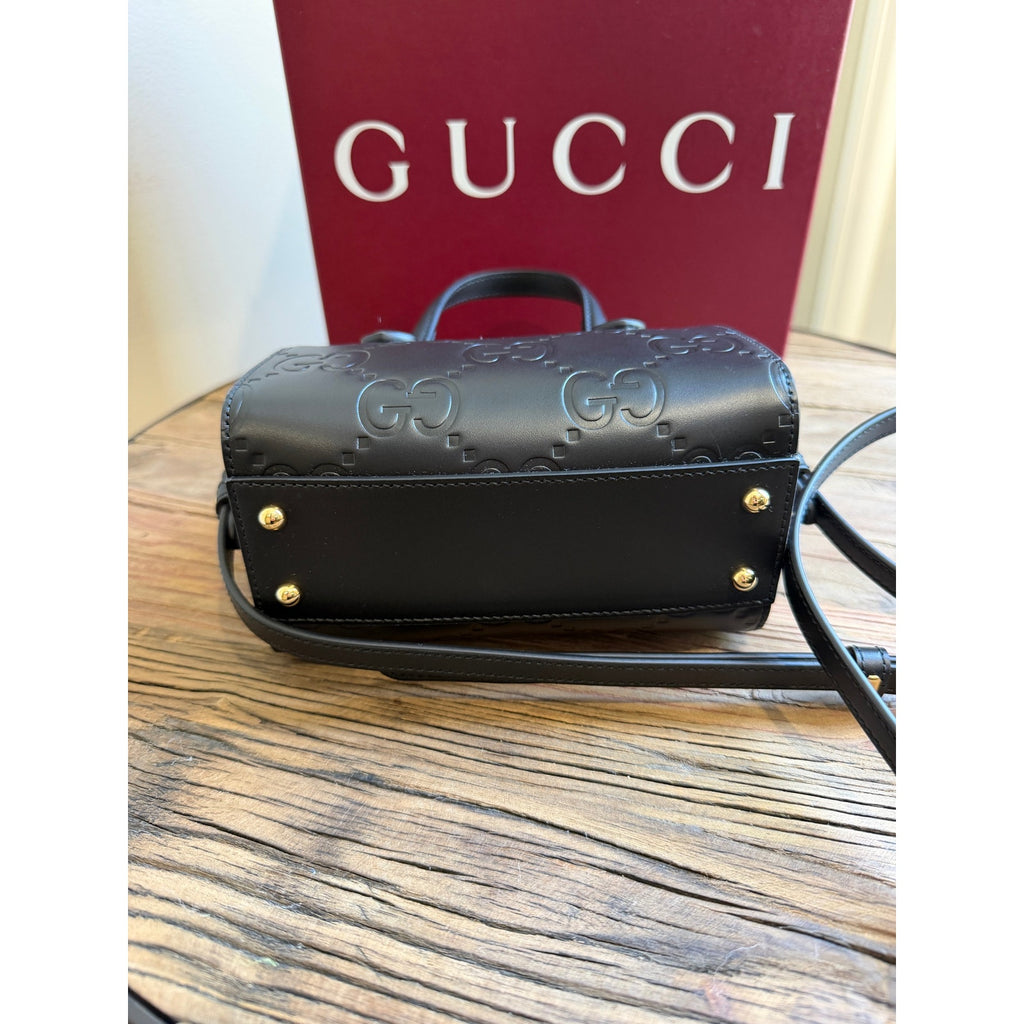 Gucci GG Super Black Mini Tote Bag Black Debossed GG Leather Crossbody NWT