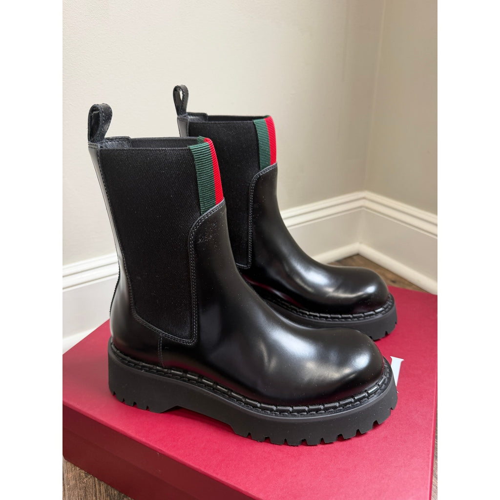 Gucci Web Stripe Leather Chelsea Boots Black Size 38.5 Brand New in Box