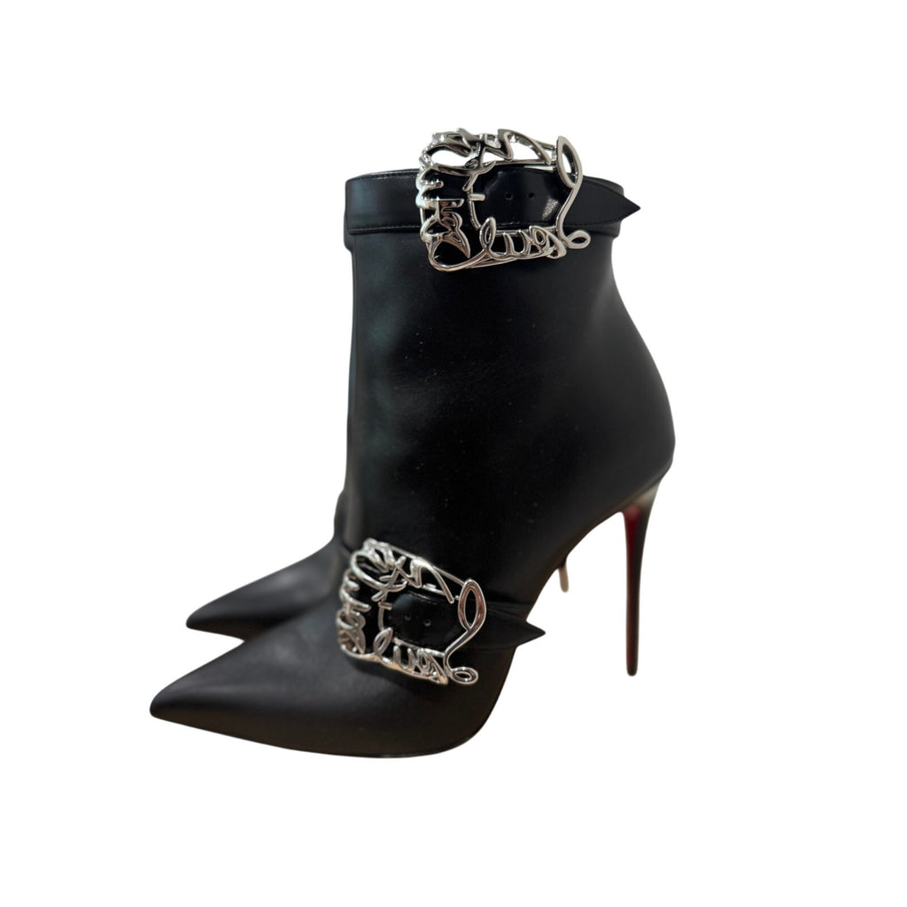 Christian Louboutin Giddylina 100mm Black Leather Buckle Ankle Boots Size 37.5 New in Box