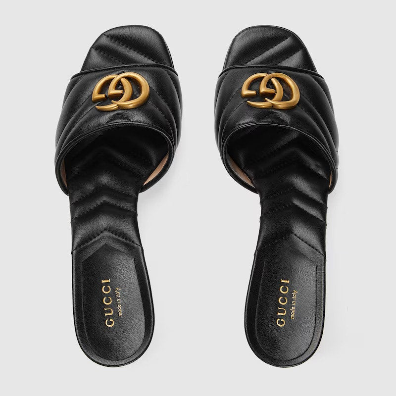 Gucci Double G Leather Sandals Black Gold GG Logo Heel Slides Size 35.5 BNIB