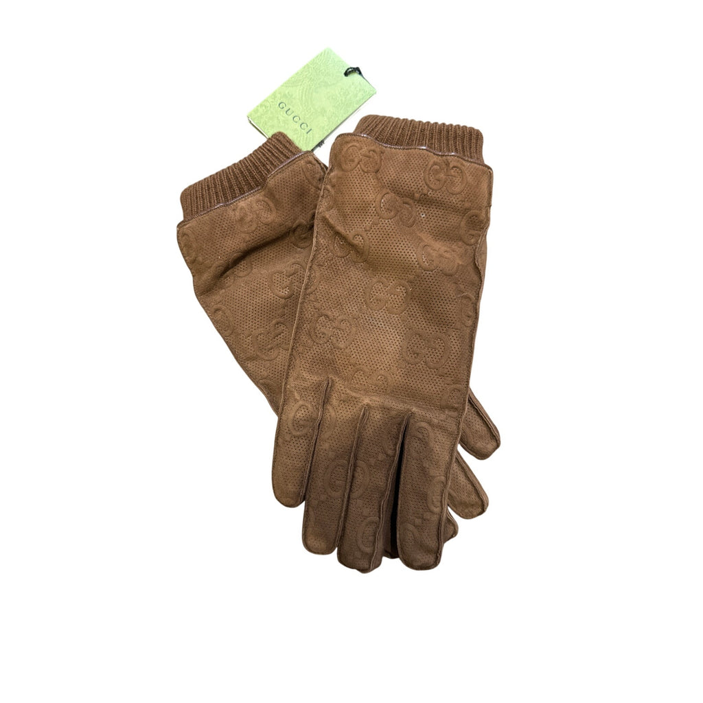 Gucci Men’s large Brown Suede Embossed Monogram GG Gloves NWT