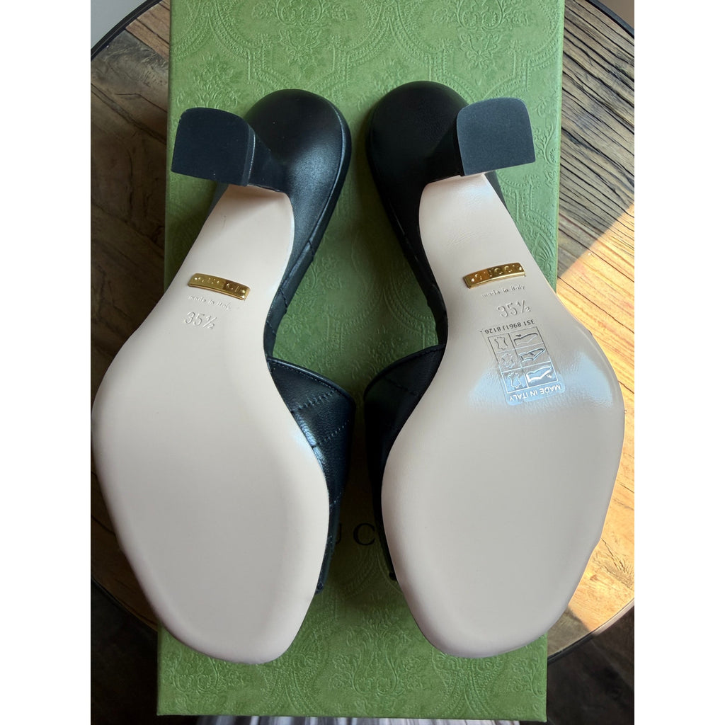 Gucci Double G Leather Sandals Black Gold GG Logo Heel Slides Size 35.5 BNIB