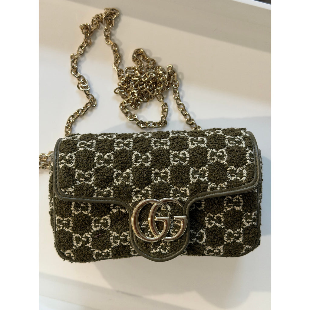 Gucci GG Marmont Bouclé Tweed Mini Flap Shoulder Bag Green Brand New in box