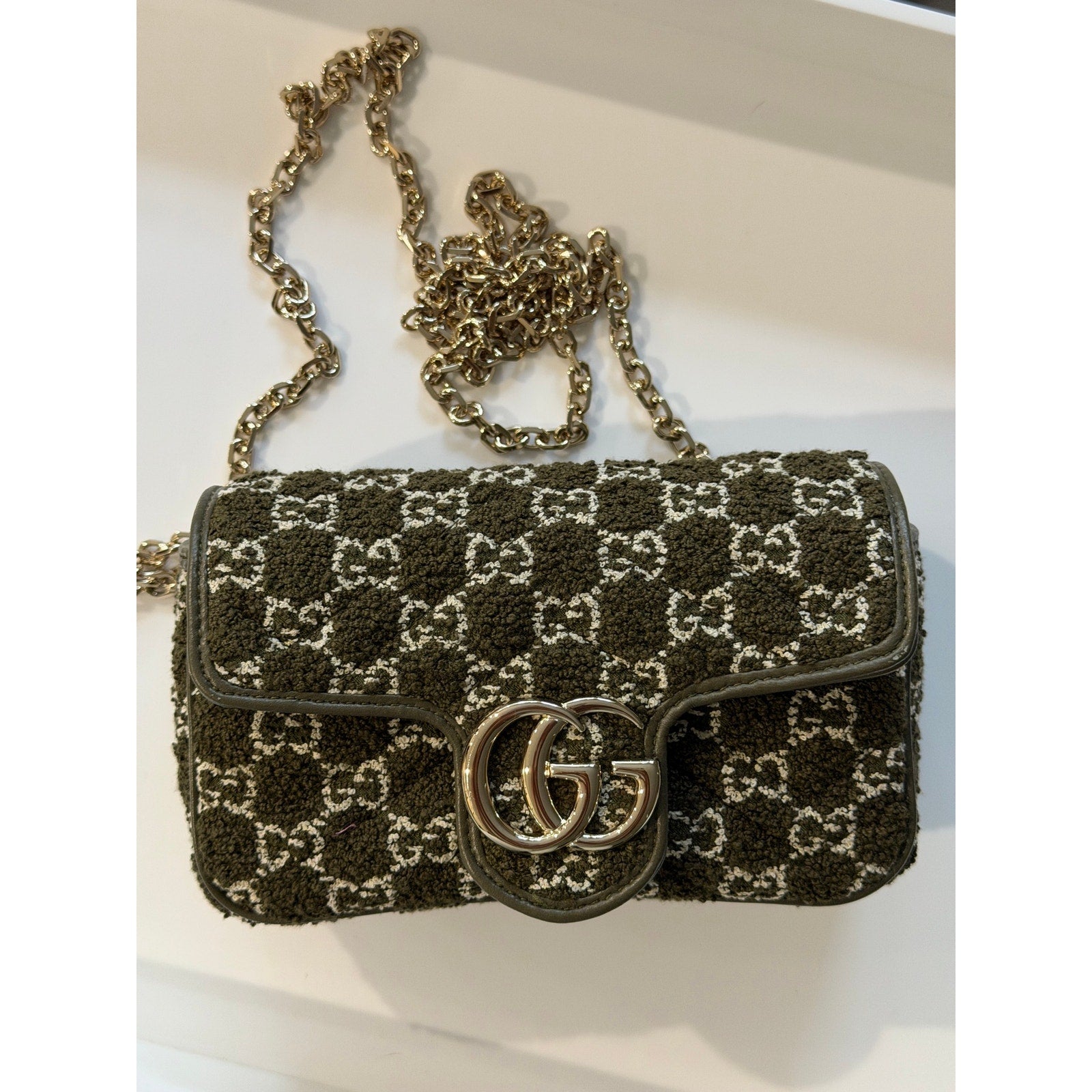 Gucci GG Marmont Bouclé Tweed Mini Flap Shoulder Bag Green Brand New in box