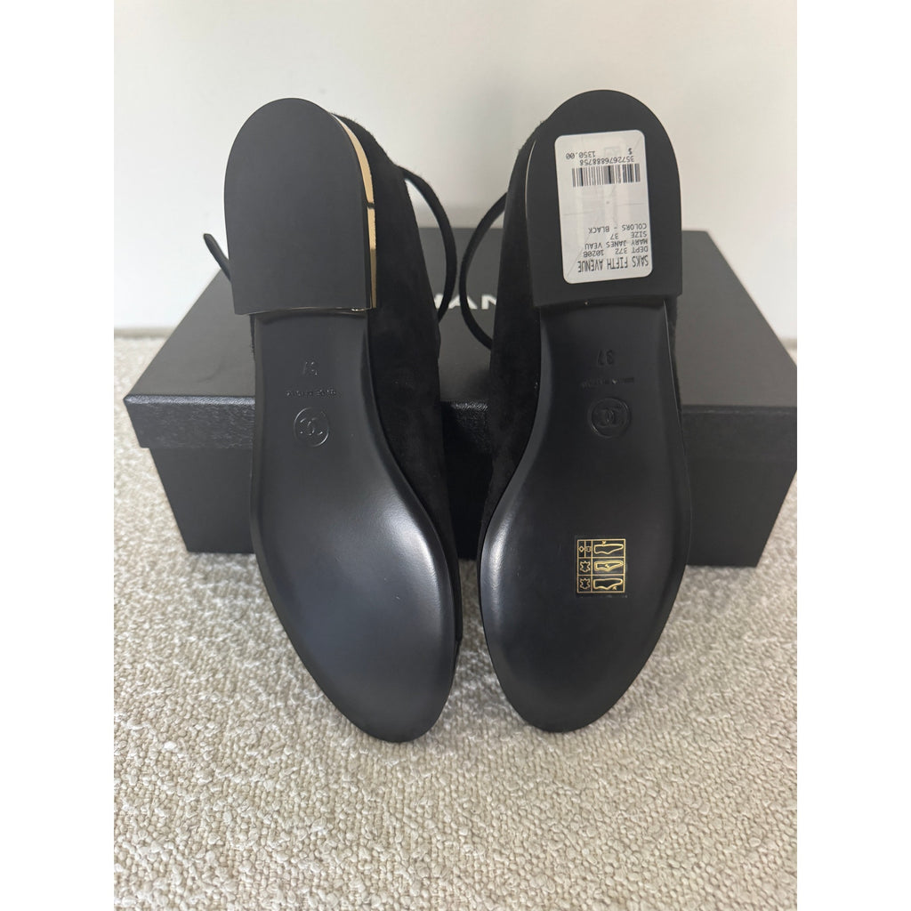 Chanel Ballet Flats Ankle Strap Interlocking CC Logo Suede Patent Trim Size 37