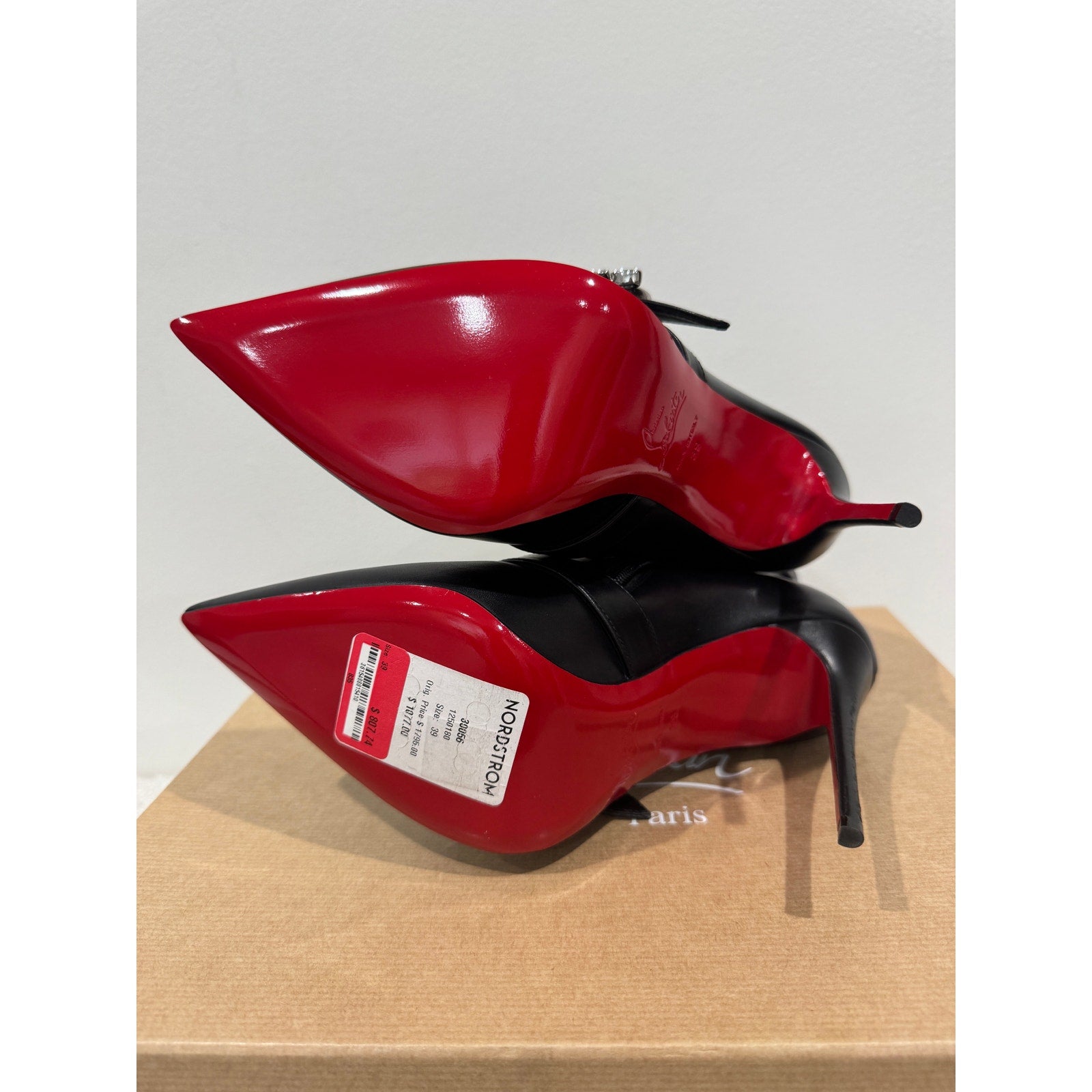 Christian Louboutin Giddylina 100mm Black Leather Buckle Ankle Boots Size 37.5 New in Box
