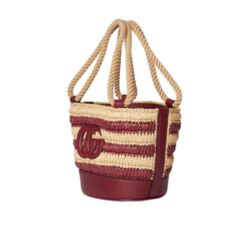Gucci Mini GG Logo Woven Straw Bucket Bag Beige Brown Leather NWT